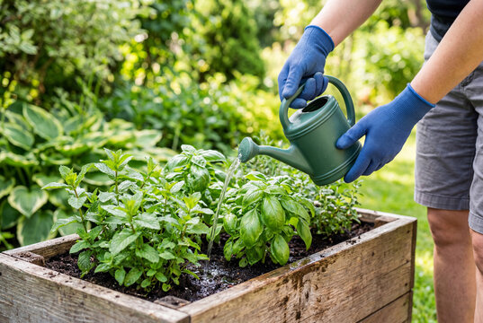 Gardener wearing blue gloves watering fresh green herb plants in a wooden box