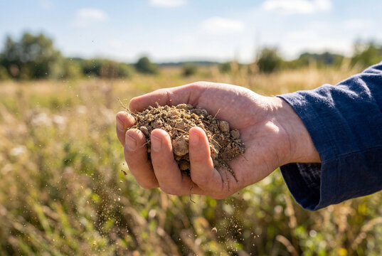Farmer holding dry cloddy soil in a sunny agricultural field
