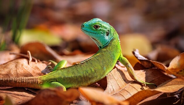 green lizard crawling on dry leaves with bright colors