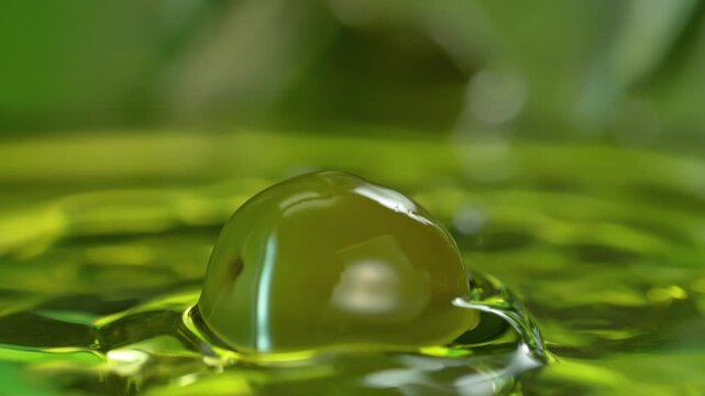 Super Slow Motion Shot of Olive Falling into Oil and Splashing at 1000fps.