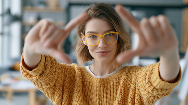 Smiling woman in yellow glasses framing a picture with her hands indoors.