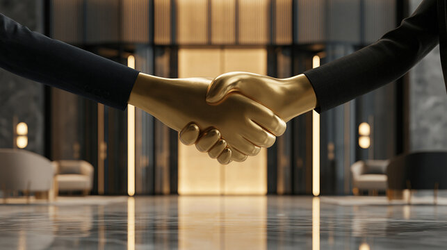 Two elegant hands shake, symbolizing partnership in a luxurious interior setting.