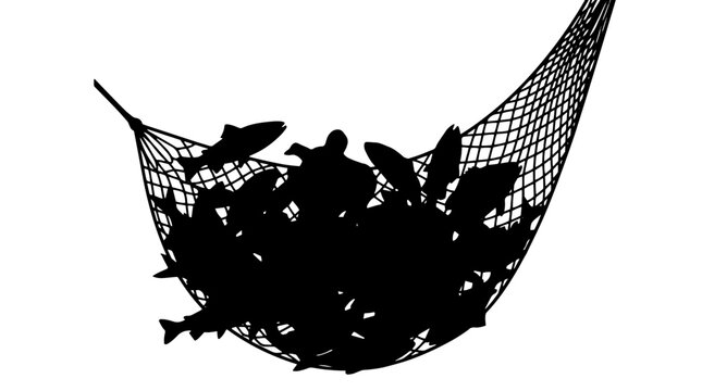 Silhouette illustration of fishing net full of fish. Biblical kingdom parables theme. Vector graphic element isolated on white background