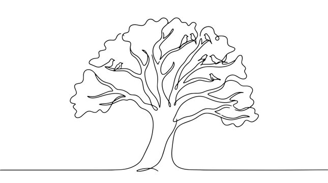 Giant mustard tree with birds in branches silhouette. Kingdom parables theme. Vector illustration isolated on white background