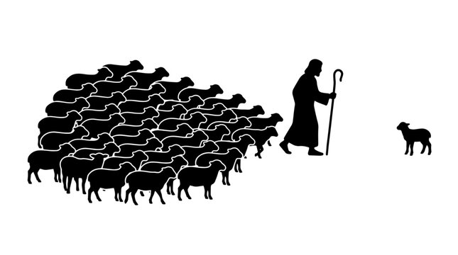 Shepherd leaving ninety nine sheep to look for one lost lamb. Biblical parables theme. Continuous line art vector illustration