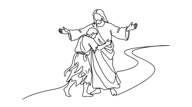 Father running to hug prodigal son silhouette. Biblical parables theme. Vector illustration isolated on white background
