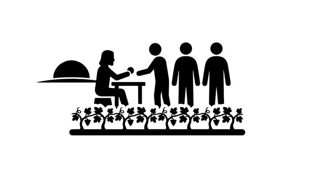 Master of vineyard paying workers at sunset. Biblical kingdom parable theme silhouette. Black and white vector illustration