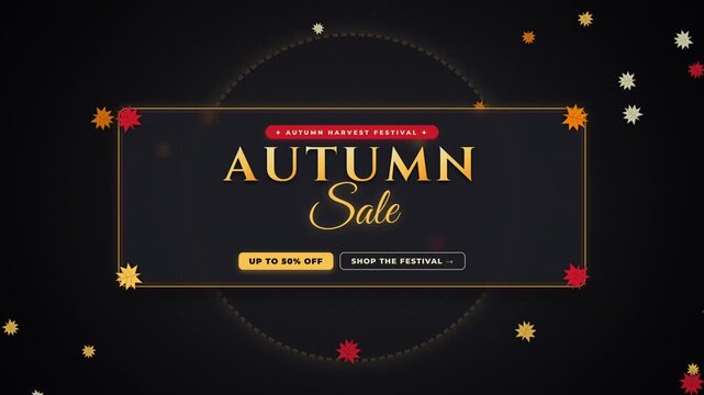 Animated Autumn Sale promotional banner with falling leaves on dark background
