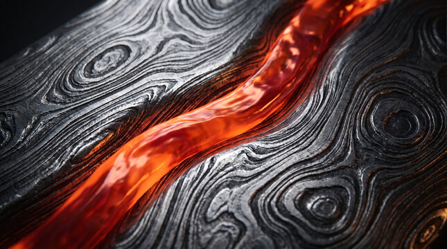 Abstract macro texture of forged Damascus steel with a glowing molten metal vein