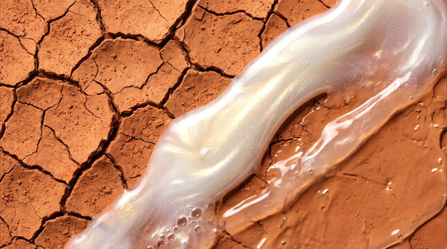 Abstract macro texture of cracked dry terracotta clay being hydrated by a glowing pearlescent liquid serum