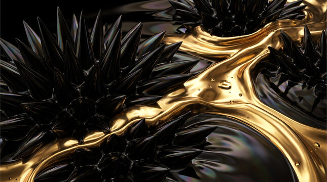 Abstract macro texture of spiky black magnetic ferrofluid interacting with flowing rivers of smooth liquid gold