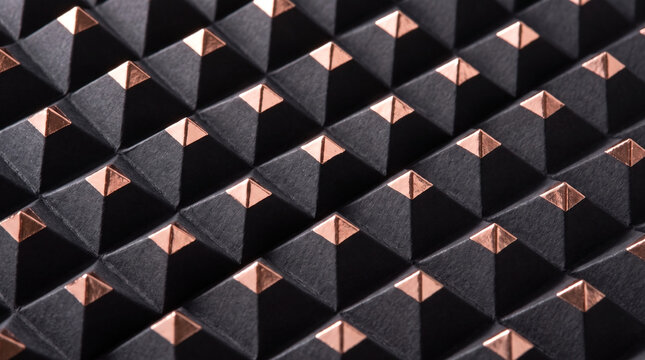 Abstract 3D geometric texture of matte black pyramids capped with reflective rose gold metallic tips
