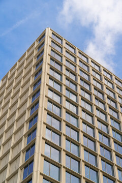 Modern copy space skyline in Brussels, Belgium showcasing contemporary European office architecture with elegant glass surfaces, clean geometric lines, dynamic urban design and attractive c