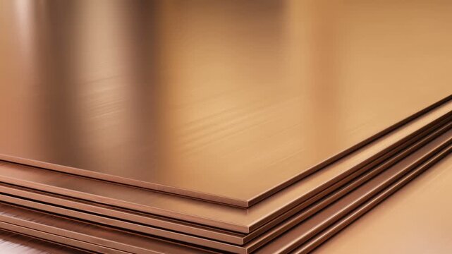 Copper sheets. Warehouse of rolled metal product, close-up. Copper sheets arranged in layers showcasing their shiny surface and smooth texture in a well-lit workshop space. 3d