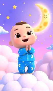 Cute cartoon baby character in blue pajamas standing on fluffy clouds at night