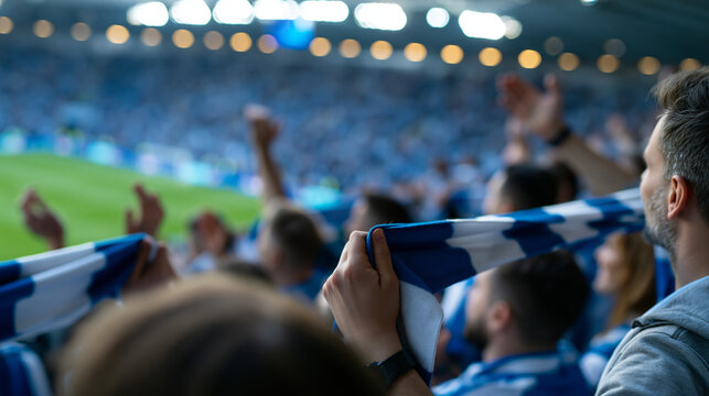 Faceless back view soccer supporters erupting in celebration inside a packed stadium, waving blue and white scarves, clapping and raising hands as a professional international