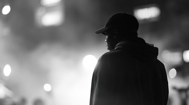 Faceless young African hip hop musician delivering an unforgettable concert, rapper dancing in atmospheric smoke on stage, charismatic presence captivating the crowd, defocused