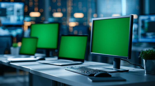Modern office desk in a data center with multiple monitors showing green screen mock-up displays, ready for a development team to begin work, nobody present, defocused server