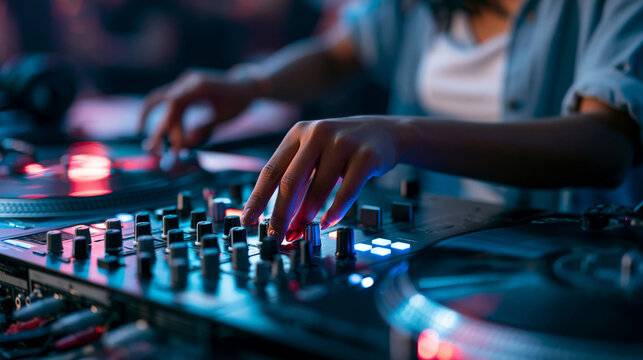 Faceless female DJ skillfully mixing tracks on turntables captured from an overhead angle, dramatic lighting highlighting precise professional equipment control, top-down view