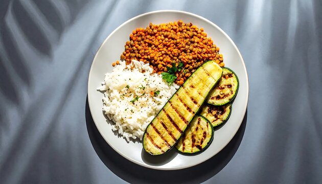 Healthy plant-based meal featuring white rice, seasoned red lentils, and grilled zucchini slices on a plate with shadow patterns