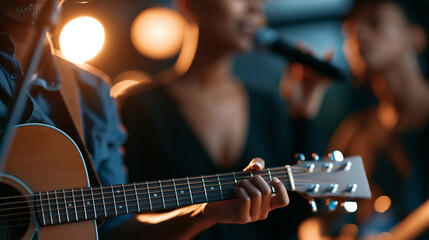 Fototapeta premium Faceless pop duo collaboration with a male singer playing acoustic guitar and a female artist singing together on stage, folk guitarist strumming passionately while RnB performer