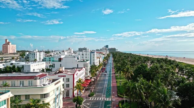 Miami, Florida, USA - October 05, 2024: Miami beach travel destination. Miami South Beach in Ocean Drive Florida. Aerial view on Miami beach, USA. Landscape aerial view. Travel to Florida in summer