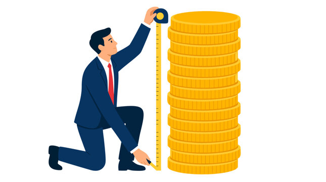 Businessman kneeling with yellow tape measure gauging towering stack of gold coins, bold flat colors illustrating financial measurement, savings, and investment growth on white background