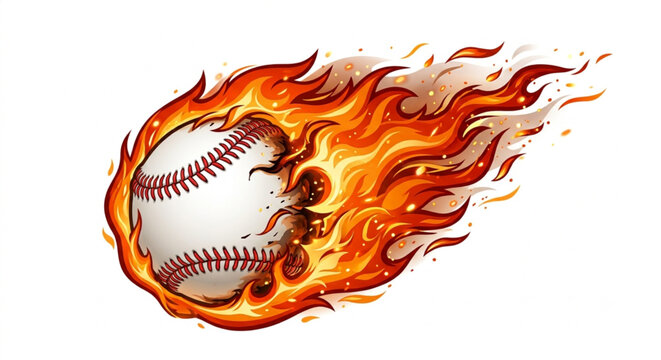 Flaming baseball flying fast with burning fire tail and orange flames illustration isolated on white background