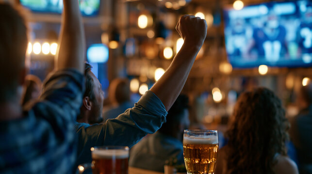 Faceless group of American football fans watching a live match broadcast in a sports pub on TV, cheering and supporting their team, crowd going ecstatic when a goal is scored,