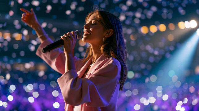 Faceless young female pop singer in a stylish pink outfit performing on a festival stage surrounded by falling confetti, charismatic stage presence electrifying the crowded arena,