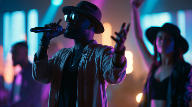 Faceless lead singer of a pop band performing live on stage, collaborating with a creative rap artist and a striking female dancer in a colorful neon concert setting with animated
