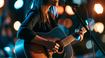Fototapeta na wymiar Faceless lead singer of a folk rock band performing on a live concert stage, young woman playing acoustic guitar and singing into a microphone, defocused stage lighting in