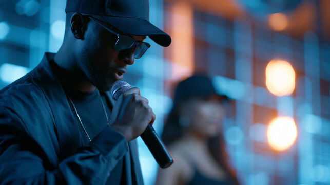 Vertical screen of a faceless hip hop artist performing on stage with a dynamic art animation background and a female dancer, MC wearing sunglasses and a cap reading energetic rap