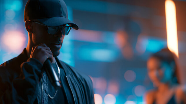 Vertical screen of a faceless hip hop artist performing on stage with a dynamic art animation background and a female dancer, MC wearing sunglasses and a cap reading energetic rap