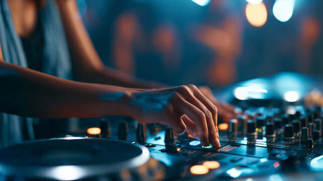Close-up of a faceless female DJ performing live at a night club, using turntable decks and a mixer to play techno dance music at a rave party, defocused club crowd in background,