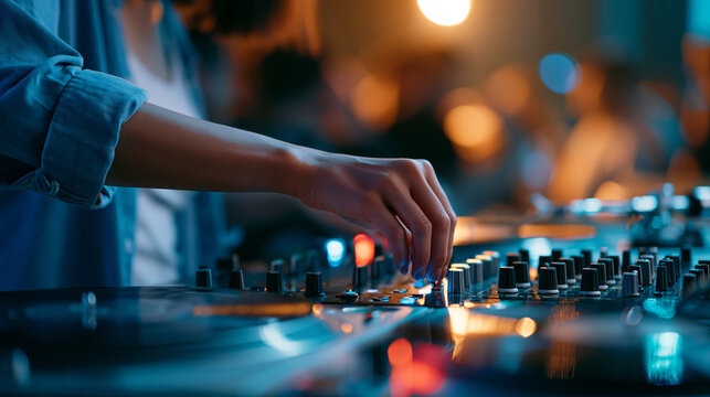 Close-up of a faceless female DJ performing live at a night club, using turntable decks and a mixer to play techno dance music at a rave party, defocused club crowd in background,