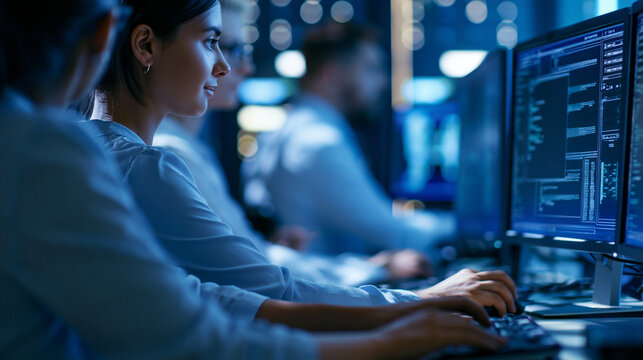 Faceless male and female IT specialists and software developers working on computers in a high-tech data center office, writing code and analyzing real-time network data,