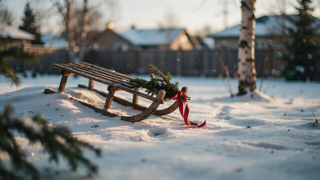 Vintage wooden sled decorated with pine branches and a red ribbon, resting on fresh white snow in a backyard during a bright winter afternoon