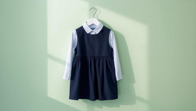 Girls Navy Blue School Uniform Pinafore Dress with White Shirt on Hanger