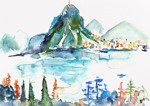 Monte San Salvatore above Lake Lugano with expressive forest foreground, hand-painted watercolor