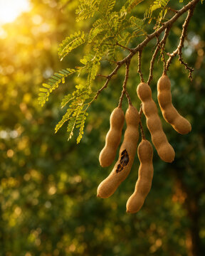 Ripe tamarind pods hanging from a tropical tree at golden sunset, exotic organic fruit harvest with natural copy space