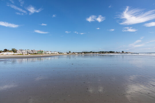 beautiful coastline with wooden houses at the beach in Rye, New Hampshire