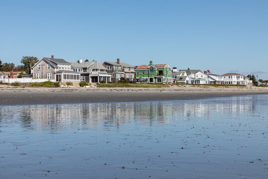 beautiful coastline with wooden houses at the beach in Rye, New Hampshire