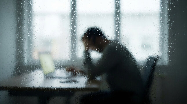 Frustrated man sitting at a desk with a laptop behind a rain-streaked window.