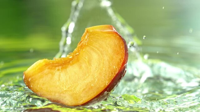 Super Slow Motion Shot of Fresh Peach Falling into Water and Making Splash at 1000fps.