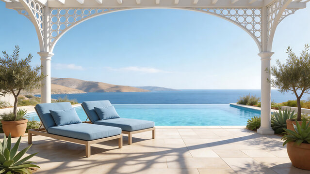 Pergola by pool with sea view