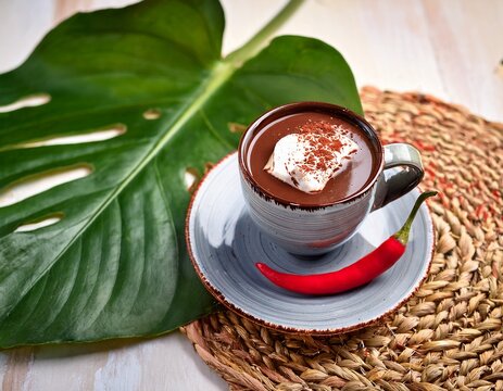a tropical twist on a classic hot chocolate is topped with a vivid red chili pepper showcasing adventurous bold flavors