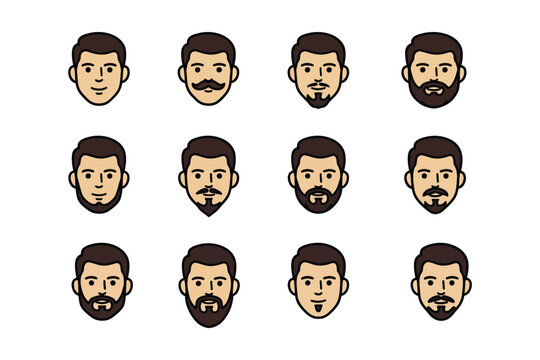 Set of cartoon male faces showing various beard styles and mustache designs for character design and avatar creation