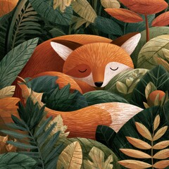 Obraz premium A fox is curled up among colorful leaves in an autumn setting. The art shows rough brush strokes and a grainy texture.