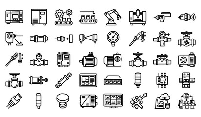 Fototapeta premium Set of industrial automation and smart factory technology line icons for manufacturing and engineering control systems